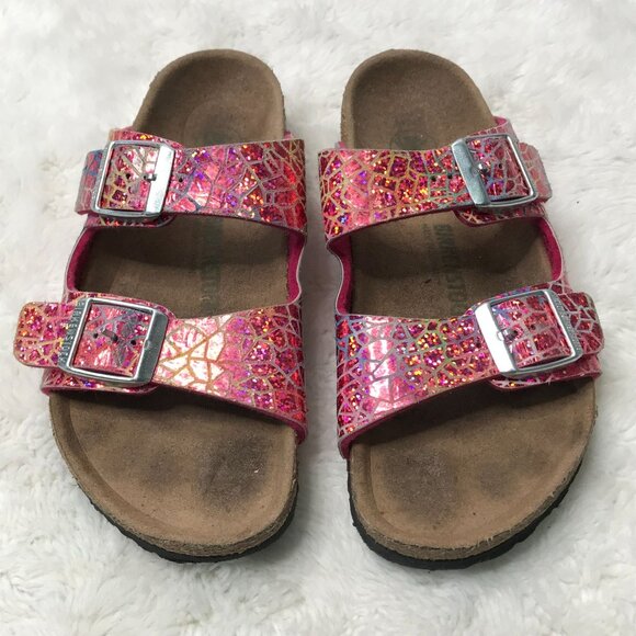 Birkenstock Kids Girl's Pink Glitter Mosaic Arizona Strappy Sandals Size 32 EU